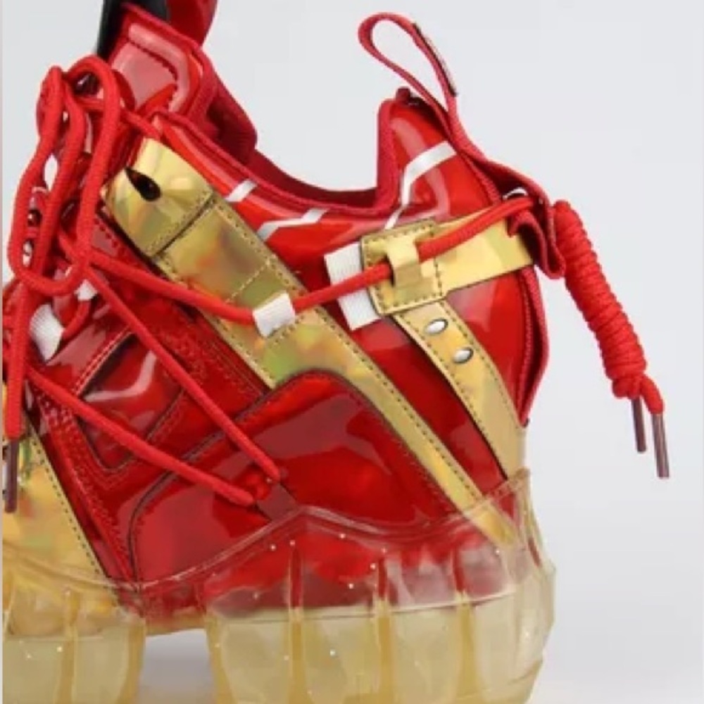 Women's Red Metallic Platform Sneakers with Gold Accents - Picture 5 of 6